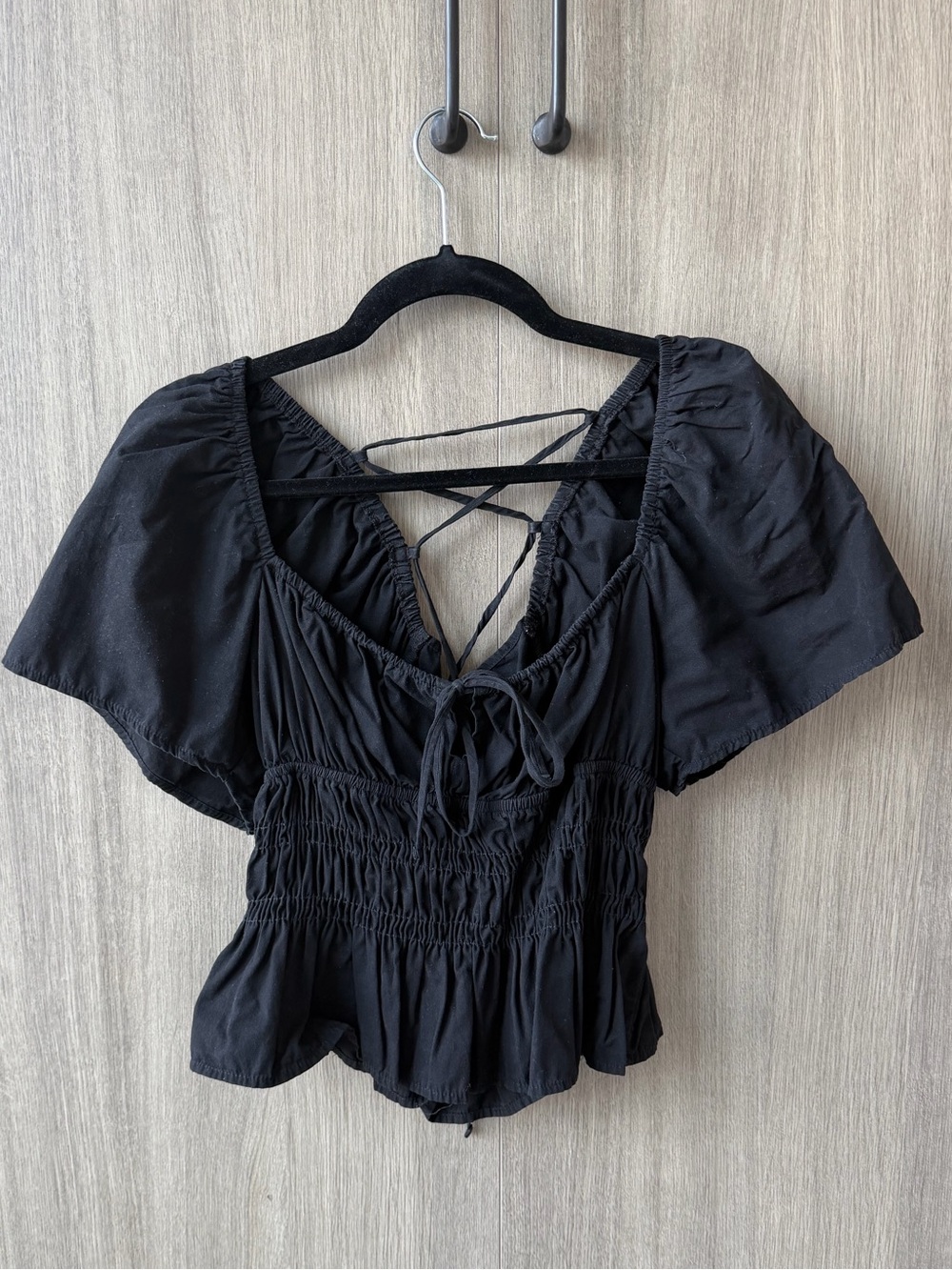 Ciao Lucia Black Smocked Top with Lace-Up Back